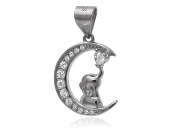 ELEGANCKI RODOWANY SREBRNY WISIOREK KSIĘŻYC MOON SŁONIK SŁOŃ BIAŁE CYRKONI