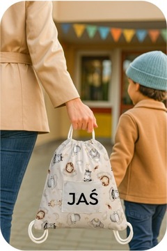 WOREK NA POŚCIEL Z IMIENIEM DO PRZEDSZKOLA ŻŁOBKA Pojemny Z UCHWYTEM 50x60