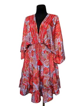 SUKIENKA Indyjska BOHO falbany TUNIKA (06) gold jedwab SILK INDIA ONE SIZE