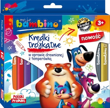KREDKI GRUBE BAMBINO 12 KOLORÓW TRÓJKĄTNE + TEMPERÓWKA ZŁOTA SREBRNA