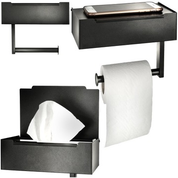 UCHWYT NA PAPIER TOALETOWY PÓŁKA POJEMNIK NA CHUSTECZKI METAL CZARNY WC