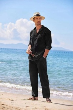 Удобный, модный мужской комплект из рубашки и брюк из льна с карманом.