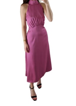 Little Mistress różowa satynowa sukienka midi z półgolfem L 40