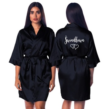 SZLAFROK SATYNOWY CZARNY Damski Na Ślub Wesele Dla ŚWIADKOWEJ Napis Wzory