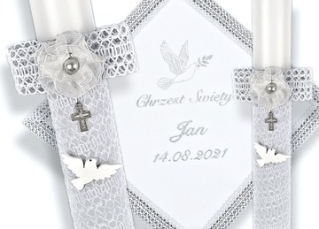 CHRZEST-Szatka i świeca do chrztu haft grawer BL