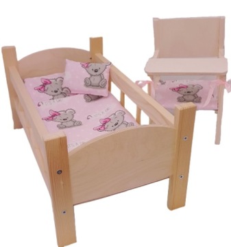 ŁÓŻECZKO + KRZESEŁKO / KARMIDEŁKO DREWNIANE DLA LALEK. POŚCIEL, WYKŁADKA