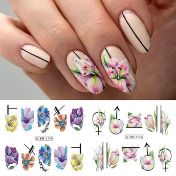 ВОДНЫЕ НАКЛЕЙКИ для украшения ногтей, лист из 12 рисунков, цветы, летние украшения