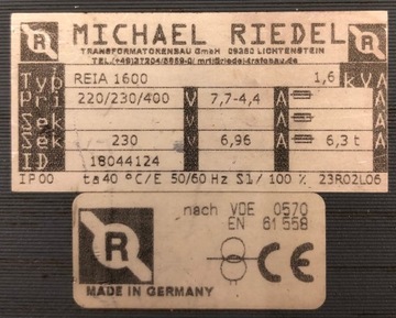 Transformator 1600 PRI 220-400V SEC 230V 6,96A