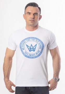 Biały T-Shirt Basic Slim fit Z Niebieskim Nadrukiem