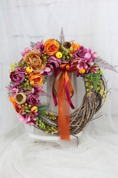 Wianek jesienny kwiatowy dekoracja domu stroik wieniec na drzwi
