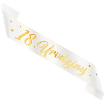 SZARFA URODZINOWA NA 18 URODZINY BIAŁO ZŁOTA OSIEMNASTKA SOLENIZANT 160 CM