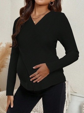 SHEIN czarny prążkowany sweter ciążowy kopertowy 40/42