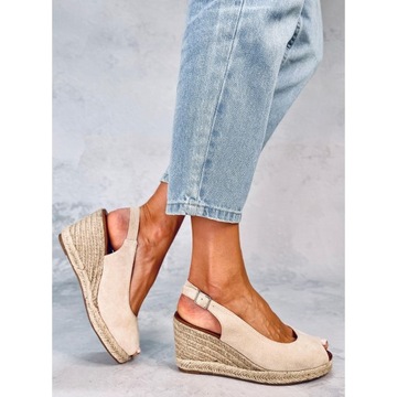 Espadryle open toe na koturnie Beige r.40