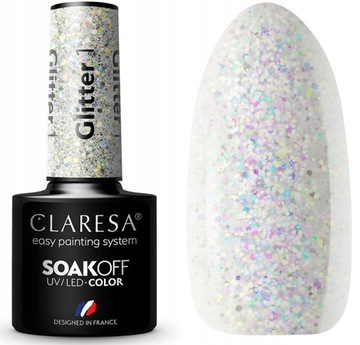 Claresa Lakier Hybrydowy do paznokci GLITTER 1 srebrny mieniący się brokat