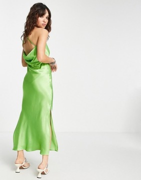 Topshop Zielona, satynowa sukienka midi M