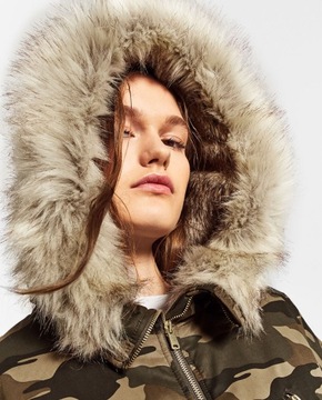 ZARA KURTKA PARKA MORO KHAKI KAPTUR FUTERKO L