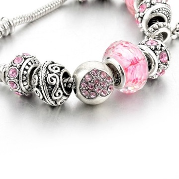 Bransoletka Srebrna Modułowa Różowa Beads Charms Regulowana 19 - 22 cm