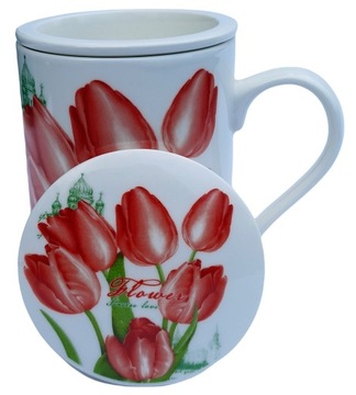 KUBEK Z ZAPARZACZEM CERAMICZNYM I POKRYWKĄ ZAPARZACZ W KWIATY 320ML PREZENT