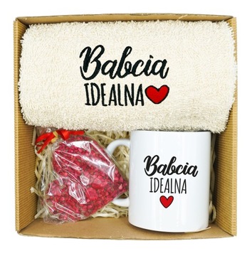 ZESTAW PREZENTOWY NA DZIEŃ BABCI KUBEK RĘCZNIK CZEKOLADA PREZENT DLA BABCIA