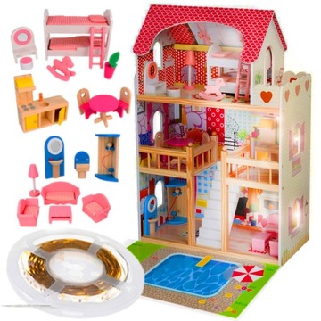 DUŻY DREWNIANY DOMEK dla LALEK +Meble +Basen + Led