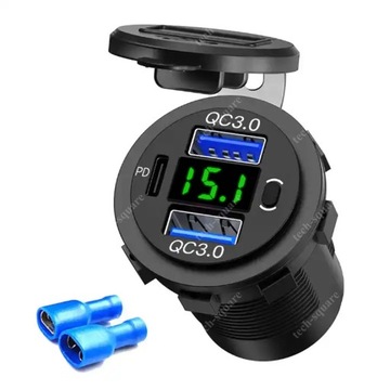 Gniazdo ładowania USB 2x QC3.0 36W + PD 55W 12-24V Woltomierz