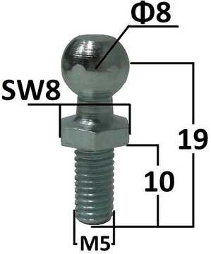 Sworzeń kulowy o średnicy 8mm gwint M5 dł. 19mm