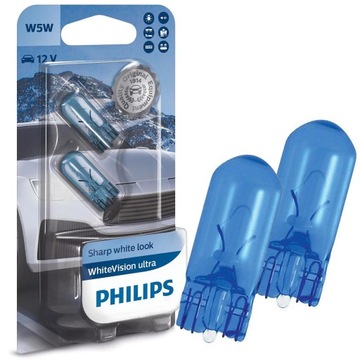 PHILIPS ŻARÓWKI W5W WHITE VISION ULTRA POSTOJÓWKI 12V 5W T10 5W5 2SZT/KPL.