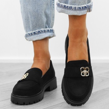 Черные женские туфли, удобные весенние мокасины с пряжкой SA337, размер 38.