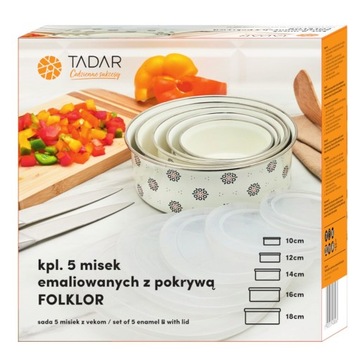 Zestaw 5x MISKA Metalowa emaliowanych POKRYWKA Tadar Folklor 10-18 cm