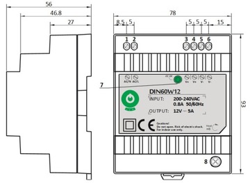 БЛОК ПИТАНИЯ НА DIN РЕЙКУ 60Вт 12В 5А ДЛЯ СВЕТОДИОДНЫХ ЛЕНТ POS POWER INTERPHONE DIN60W12