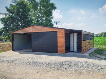 Garaż blaszany z wiatą 9x6m Matowa Czerń + Dąb rustykalny +furtka