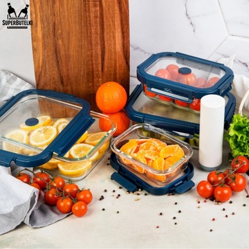 4 SZT POJEMNIKI PRÓŻNIOWE NA ŻYWNOŚĆ SZKLANY ZE SZKLANĄ POKRYWKĄ ZESTAW 4x