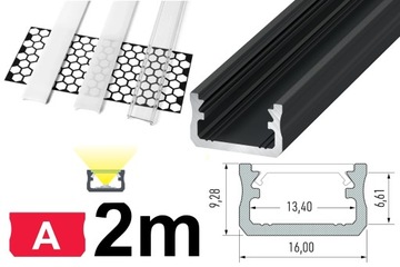 PROFIL DO TAŚM LED ALU TYP A CZARNY 2M + KLOSZ