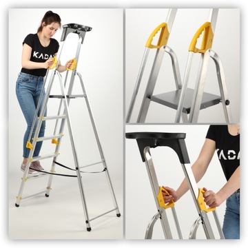 АЛЮМИНИЕВАЯ ЛЕСТНИЦА ДЛЯ ДОМА, 6 СТУПЕНЕЙ, СКЛАДНАЯ С ПОРУЧНЯМИ + КРЮК