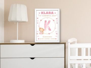 METRYCZKA dla dziewczynki PLAKAT RAMKA RÓŻNE WZORY Narodziny Chrzest Roczek