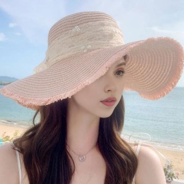 Женская соломенная шляпа с кружевным бантом и искусственным жемчугом, пляжная шляпа от солнца, широкая