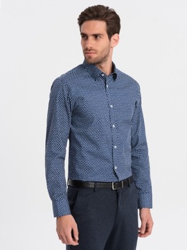 Męska koszula w drobny wzór SLIM FIT granatowa V1 OM-SHCS-0140 S