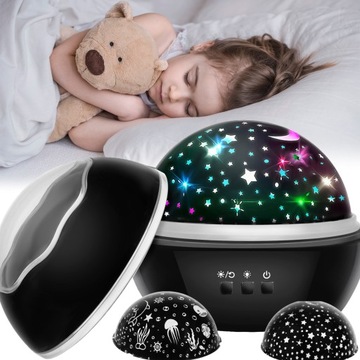 LAMPKA NOCNA OBRTOWA PROJEKTOR GWIAZD NIEBA LED DLA DZIECI USB BATERIE 2W1