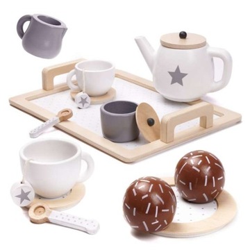 SERWIS KAWOWY DREWNIANY ZESTAW NACZYŃ DLA 2 OSÓB