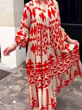 Women Print Long Sleeve Dress V-neck Long Sleeve H