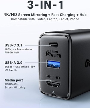 Зарядное устройство для быстрой зарядки с выходом 4K HD USB-C, 100 Вт