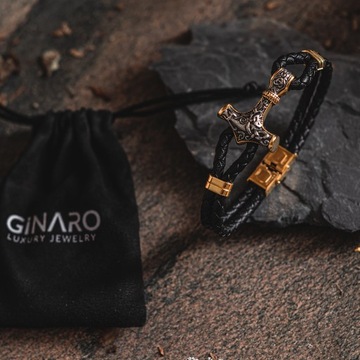 BRANSOLETKA SKÓRZANA ZŁOTO-SREBRNY MŁOT THORA