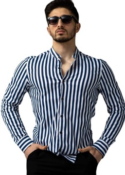ELEGANCKA KOSZULA MĘSKA W PASY PASKI STÓJKA - M