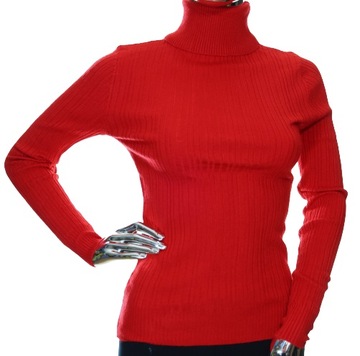 Damski sweter z golfem golf w prążek prążkowany z wiskozą XS, S czerwony