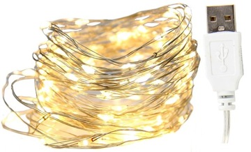 LAMPKI na DRUCIKU 100 LED na USB dł. 10m B. CIEPŁE