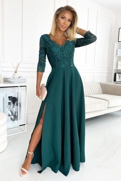 AMBER elegantné čipkované dlhé šaty s výstrihom - ZELENÁ - XL