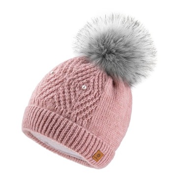 Czapka zimowa damska z perełkami + komin C. Róż