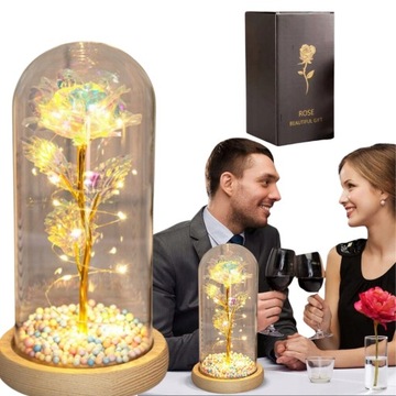 ELEGANCKA Wieczna Róża w szkle złota ŚWIECĄCA LED prezent Święta urodziny
