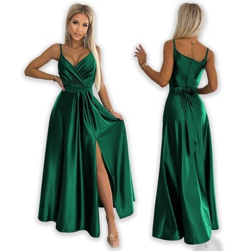 JULIET elegantné dlhé saténové šaty s výstrihom - ZELENÁ - M