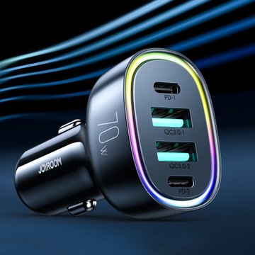 АВТОМОБИЛЬНОЕ ЗАРЯДНОЕ УСТРОЙСТВО JOYROOM 70 Вт с 4 портами: 2 x USB C, 2 x USB PD QC